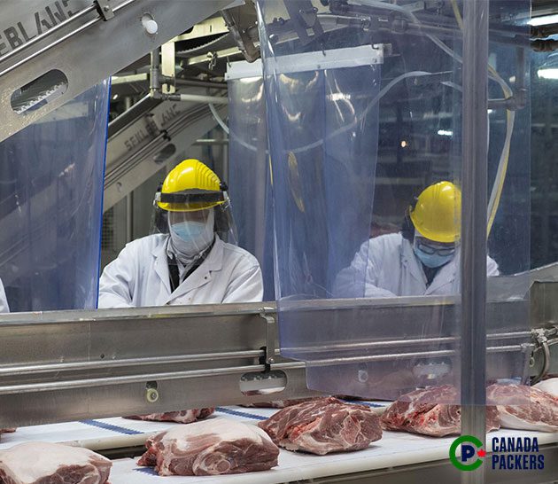 Team Members sorting pork in the Brandon, Manitoba plant.